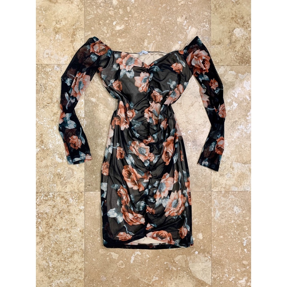 Black Mesh Floral Long Sleeve Sweetheart Dress M